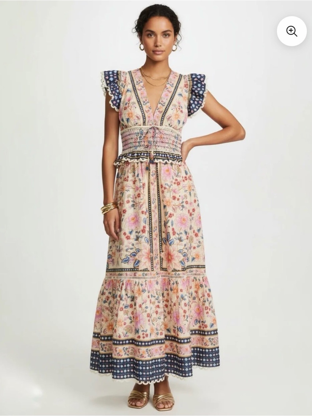 FARM Rio Pink Floral V-Neck Maxi Dress with Navy Trim